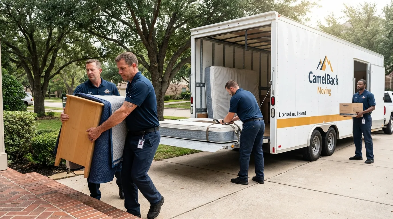 Crew loading residential truck for cross-state move from Konawa, OK