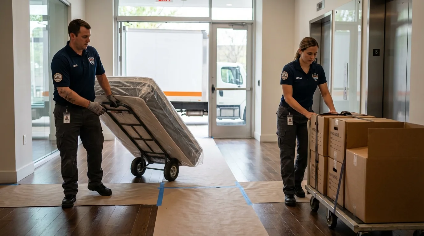 Professional apartment movers loading elevator in Konawa, OK