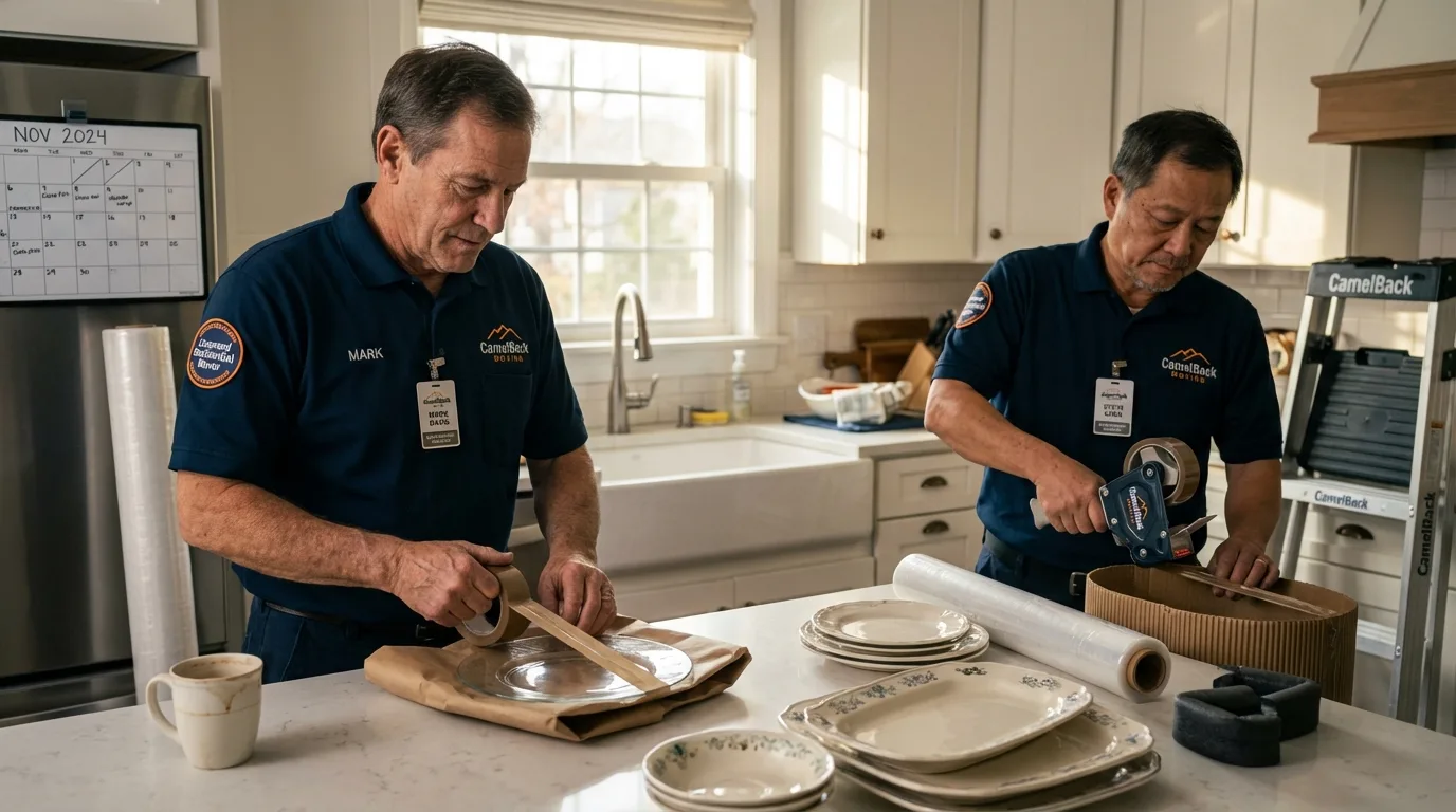 Professional crew packing kitchen dishware in Konawa, OK